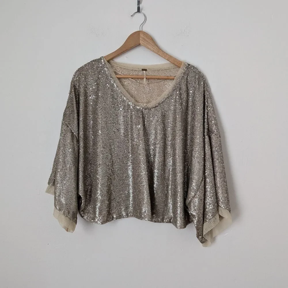 Free People gold nude sequin Champagne Dreams boxy oversized short sleeve top